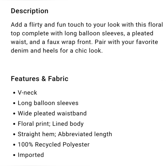 NWOT Express Pink Floral V-Neck Long Sleeve Faux Wrap Pleated Waist Top, XS - Picture 6 of 11